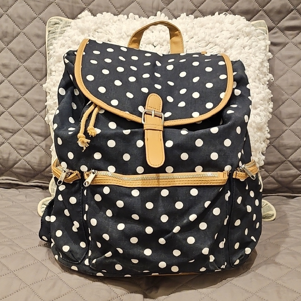 Mudd Navy Blue and White Polka Dot Backpack with Faux Leather Accents